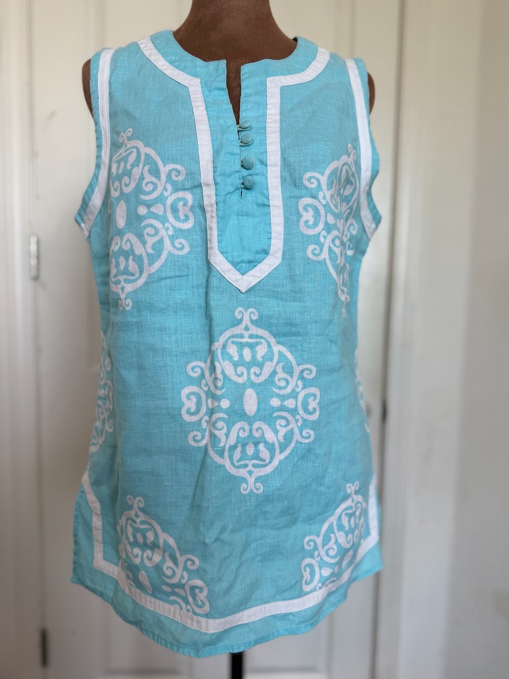 mercer & madison Aqua Sleeveless Linen Tunic with White Embroidery